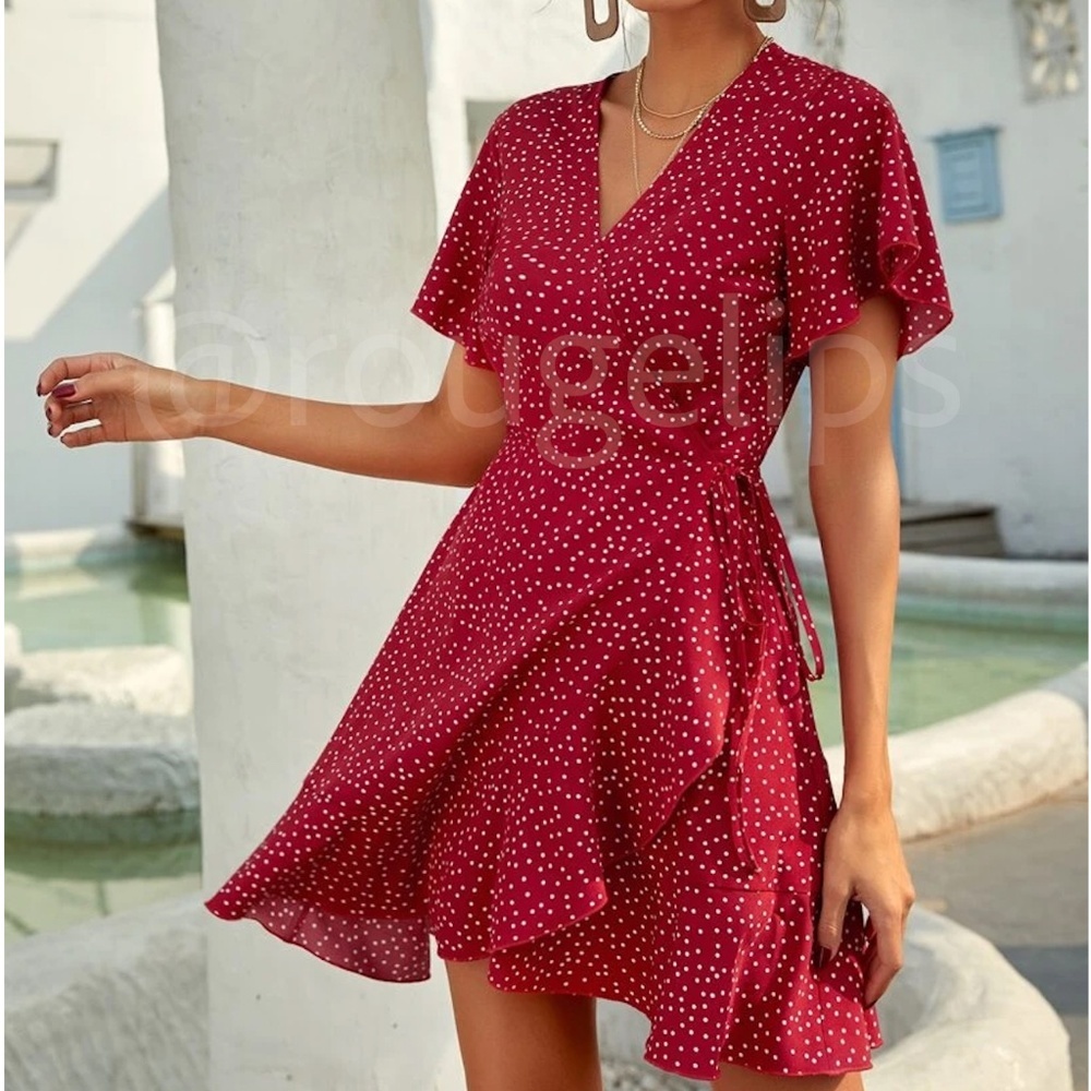 Casual, Romantic Burgundy with White Polka Dots Dress Deep V Neck